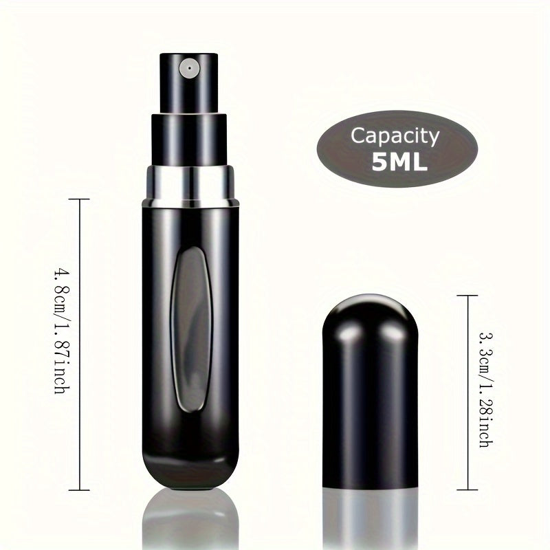 A set of 5 travel-sized refillable perfume atomizers, each holding 5ml. Conveniently carried in purse, backpack, or luggage. Features bottom filling and dispensing box. Ideal for cosmetics.