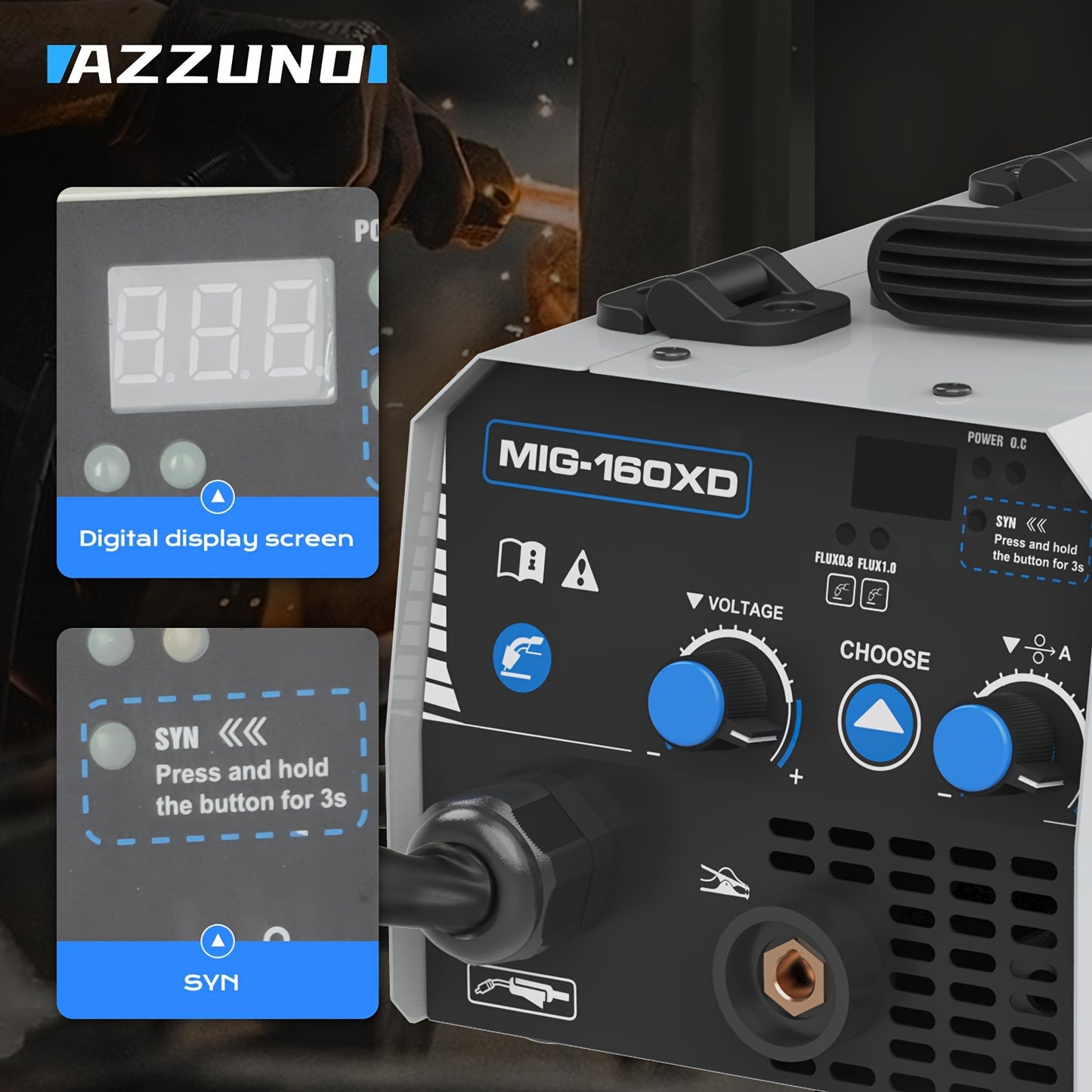 AZZUNO MIG-200DX Mini Portable Welder, 220V No Gas Semi-Automatic with Flux Cored Wire, Compact Iron Construction for Home Use, Includes Welding Rods & Accessories