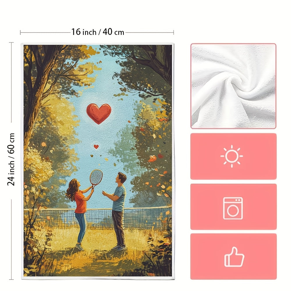 This pair of ultra-soft kitchen towels showcases a charming scene of a couple playing badminton in a park, complete with a heart-decorated shuttlecock flying between them. These highly absorbent dish towels are ideal for holiday decorating, machine