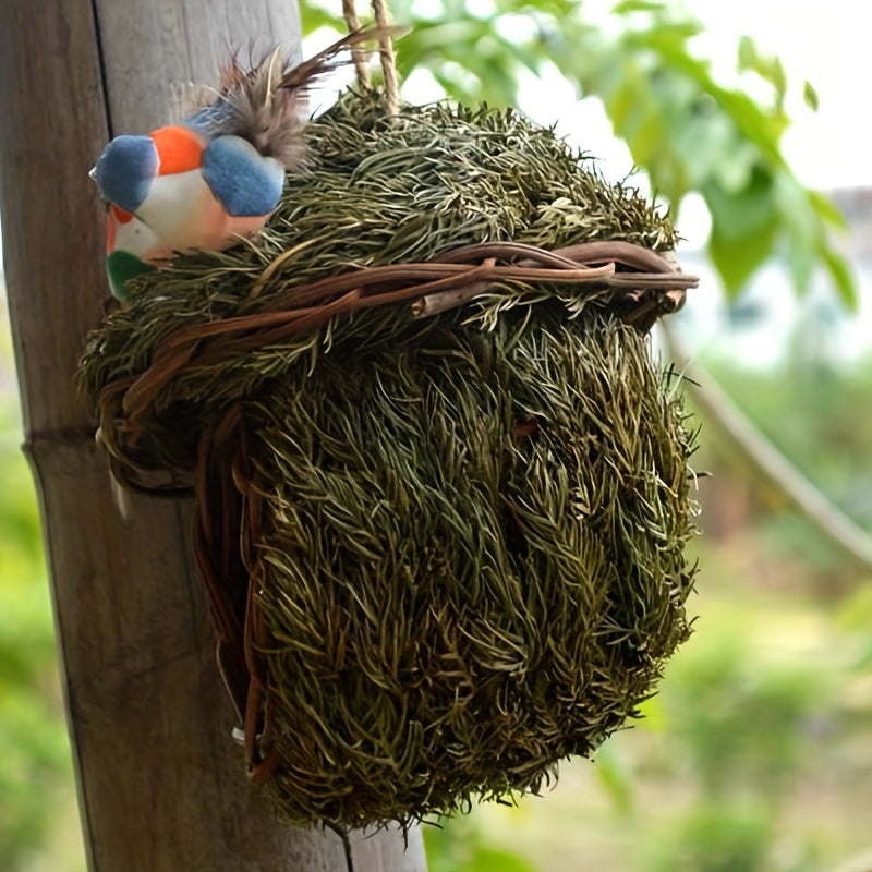 Handmade grass bird nest for small pets, woven with pine needles. Warm and coldproof, ideal hideout in pastoral yard. Aerial charm round bird house.