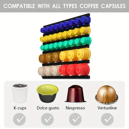 Coffee bar accessories including a 1pc Coffee Capsule Holder compatible with K-Cup, Nespresso Original, Dolce Gusto, Vertuoline, Lavazza Coffee Pods. Shelf Capsule Storage Racks also included.