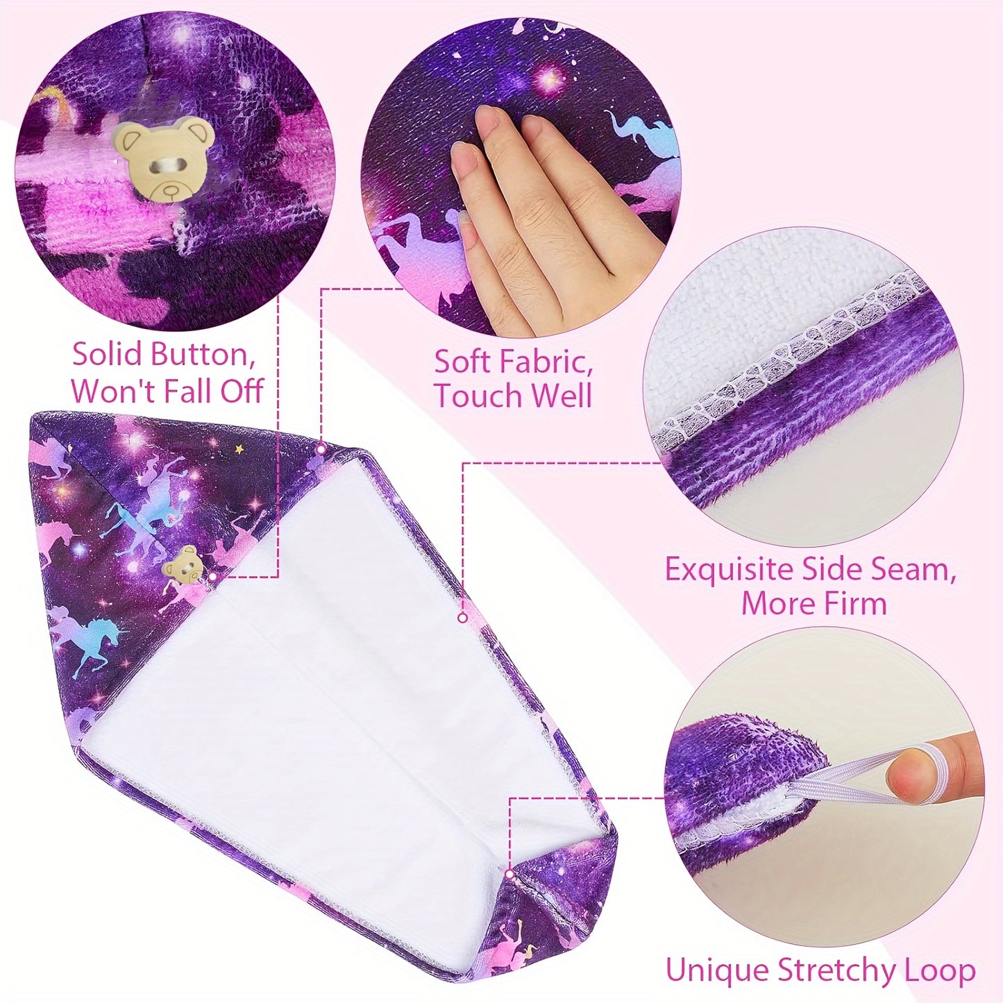 Microfiber cartoon hair towel wrap with button for kids, quick dry cap with cute patterns, absorbent towel for women and girls.