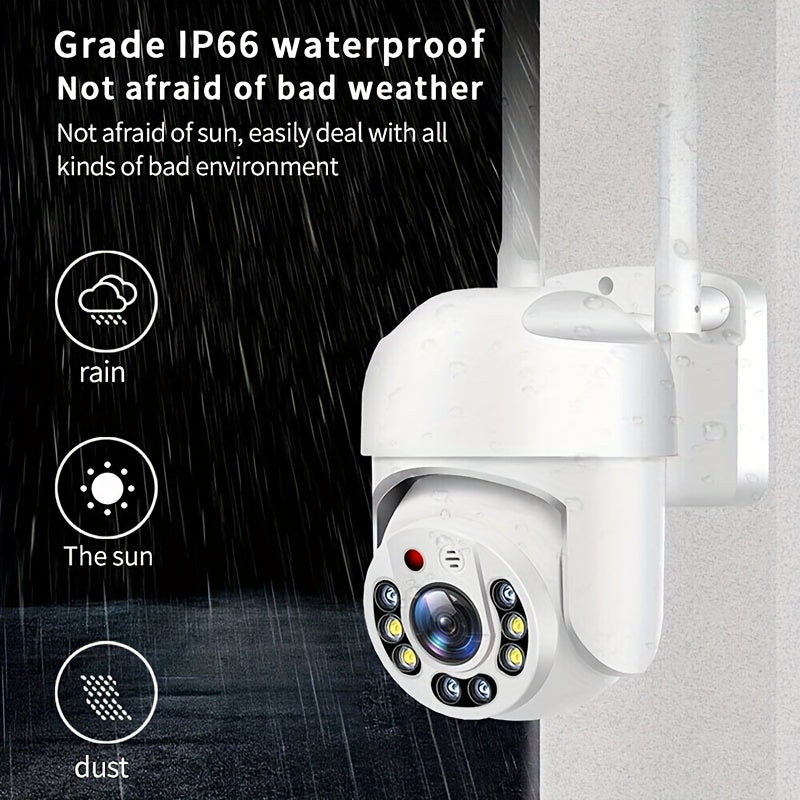 Outdoor Wifi PTZ security camera with auto tracking, 360 degree surveillance, day and night full color, AI motion detection, two-way voice intercom, and 2.4GHz connectivity.