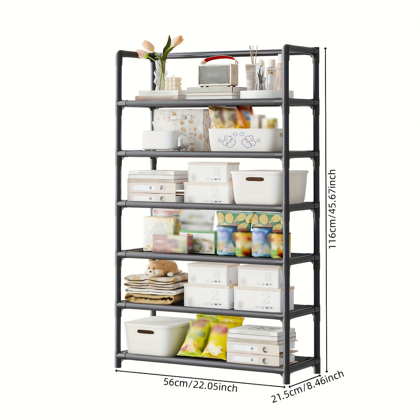 1 piece modern 6-tier metal storage rack with paint finish and large capacity. Vertical shelving with metal pipe frame, suitable for home and office use.