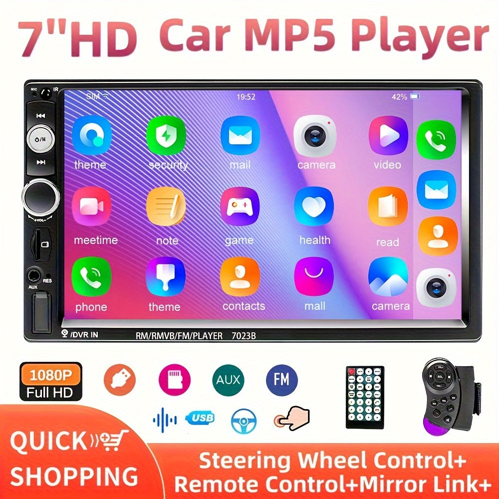 7-inch touch screen car stereo with MP5 multimedia player, FM/USB/AUX/RC SD function, steering wheel control, and mirror link support.