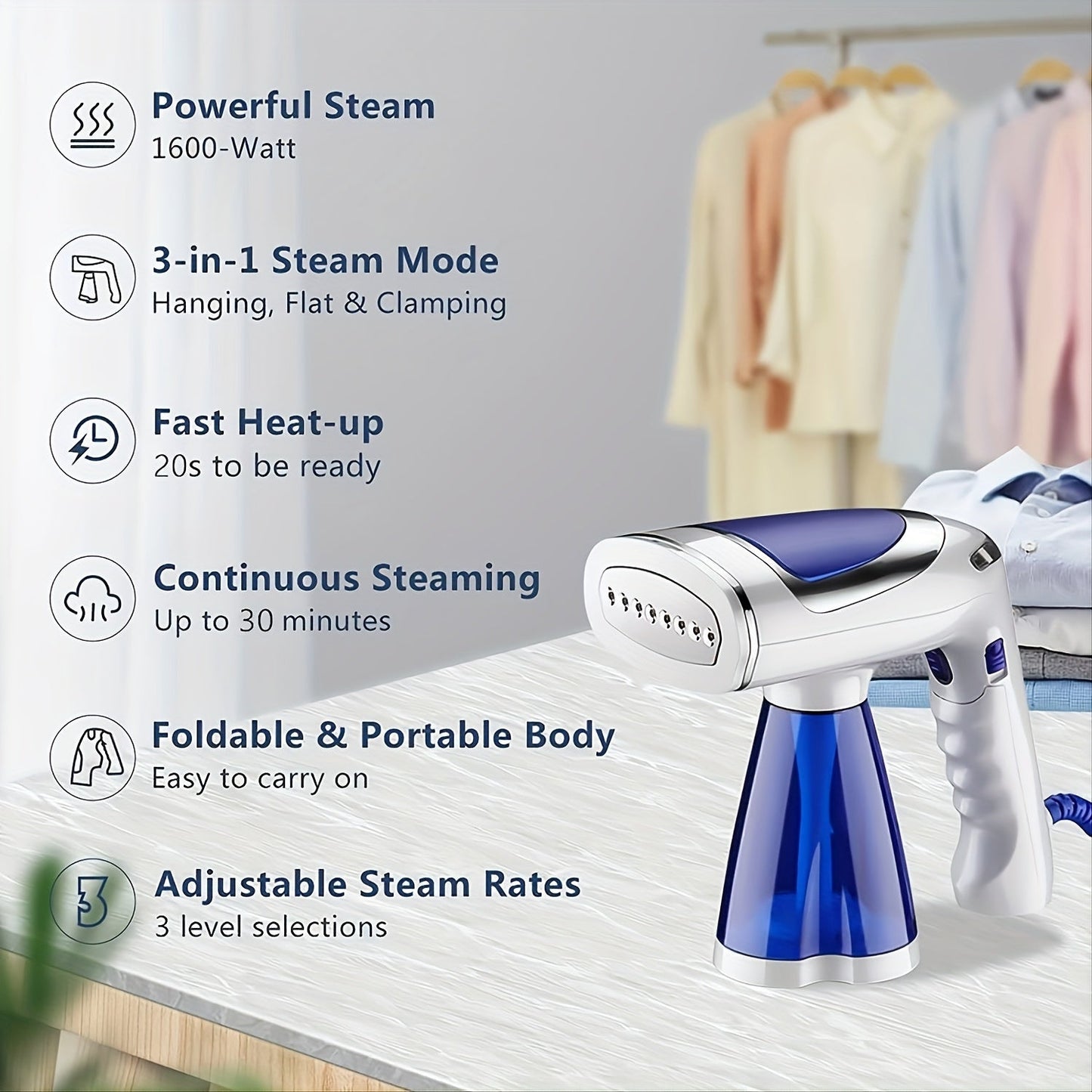 Portable Handheld Iron with 1600W Power - Features Foldable Design, Wet & Dry Steam Functionality and Extra Long Cable for Fast Wrinkle Removal | Perfect for Home and Travel