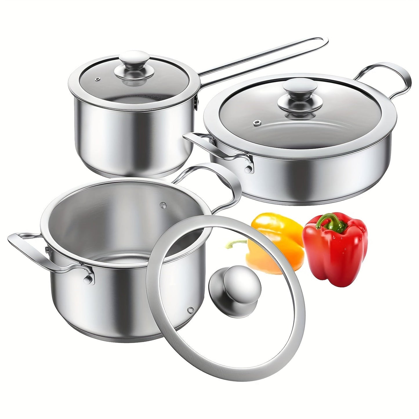 Six-piece stainless steel cookware set including nonstick induction-compatible pots and pans. Dishwasher safe with saucepans and stockpots. Suitable for use on gas, electric, and induction cooktops.