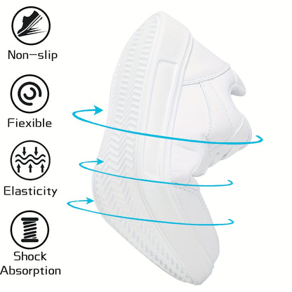 Women's classic white skate sneakers with durable build, casual lace-up low-top design, lightweight and comfortable non-slip EVA sole, easy to clean and versatile for walking or skating.