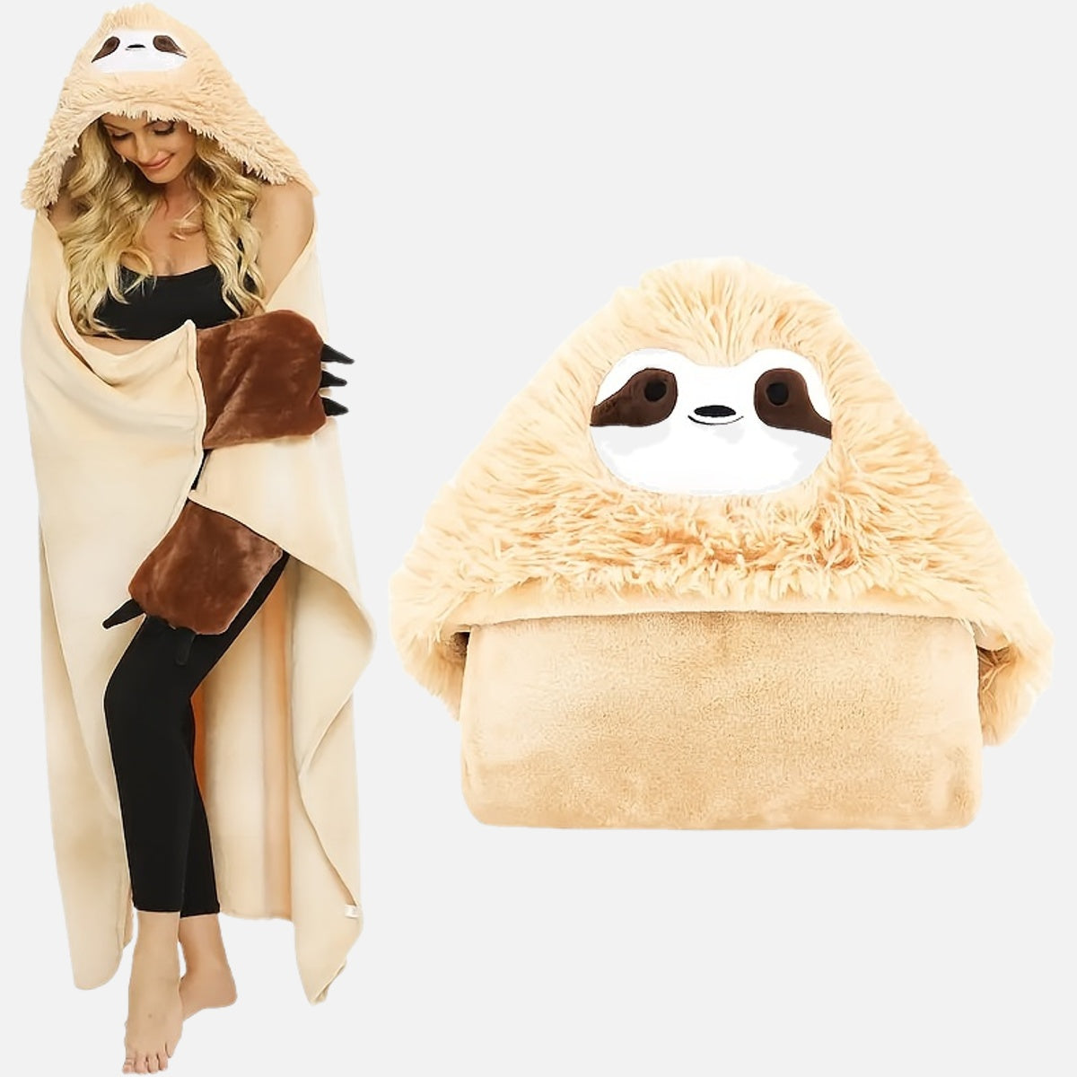 Soft and Fluffy Hooded Sloth Wearable Blanket for Women - Cozy with Large Pockets for Snuggling & Napping, Machine Washable, Made of Polyester, Size: 149.86x129.54 cm