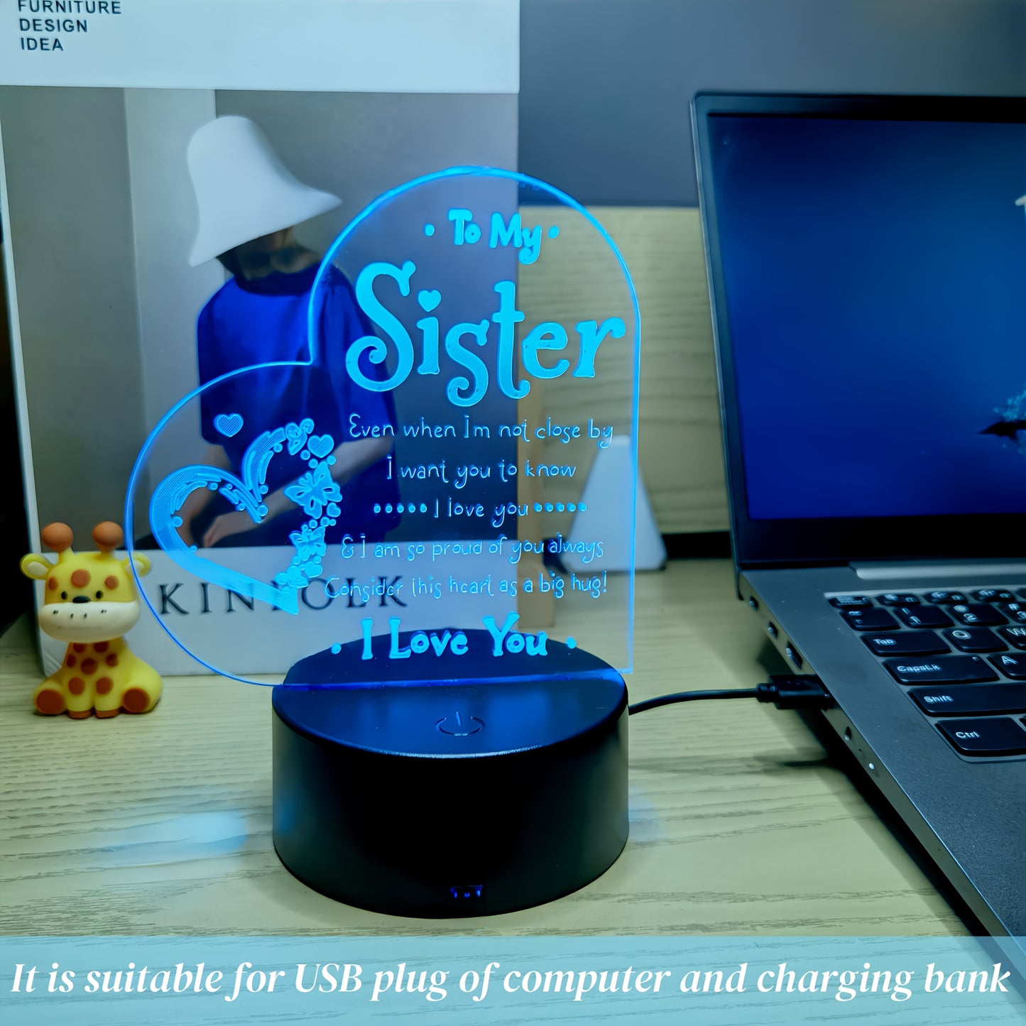 3D LED Night Light for Sister, USB Powered Decoration, Love Message Lamp for Bedside - Perfect Gift for Special Occasions - No Batteries Needed