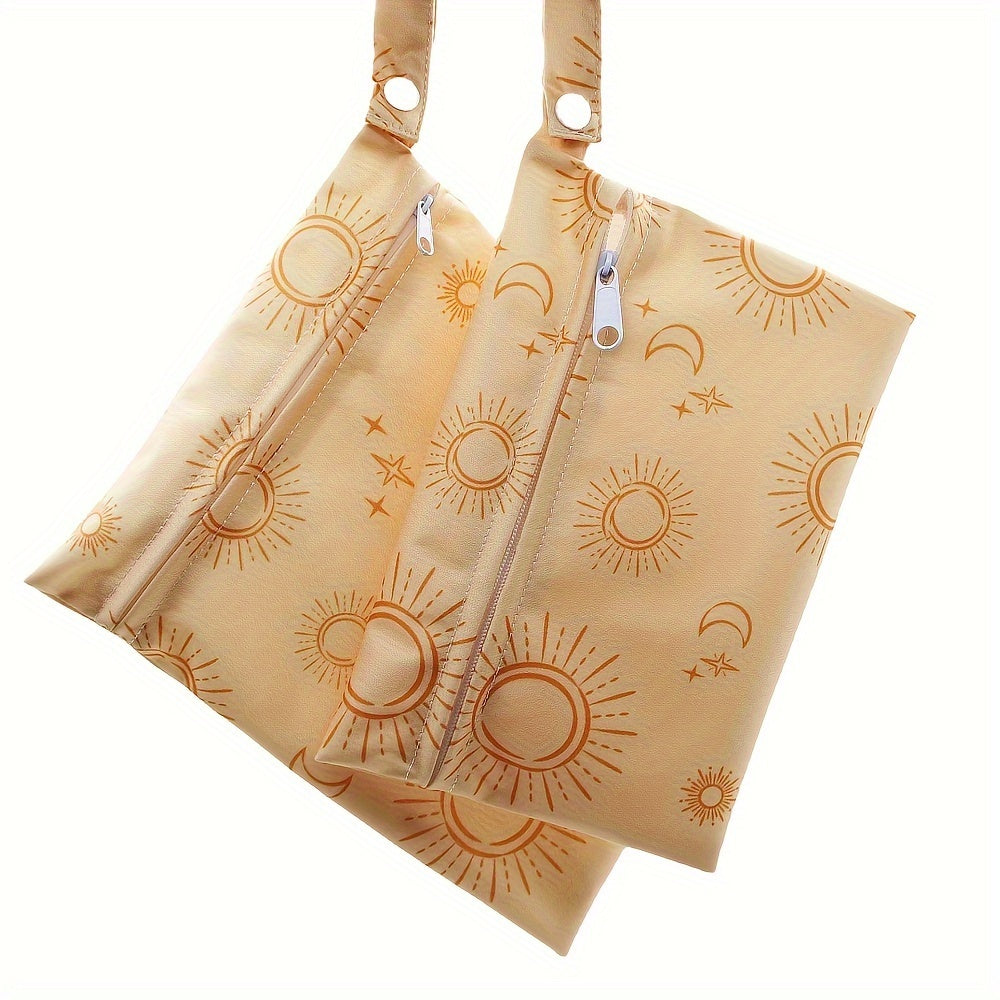 Set of 2 Boho Sun Print Waterproof Diaper Bags - Multipurpose Wet/Dry Nappy Pouches & Cosmetic Organizer with Zipper Closure, Ideal for Travel Toiletries & Essentials