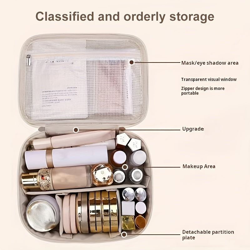 Spacious multi-layer PU cosmetic bag with brush holder, portable storage for beauty essentials, perfect gift for couples.