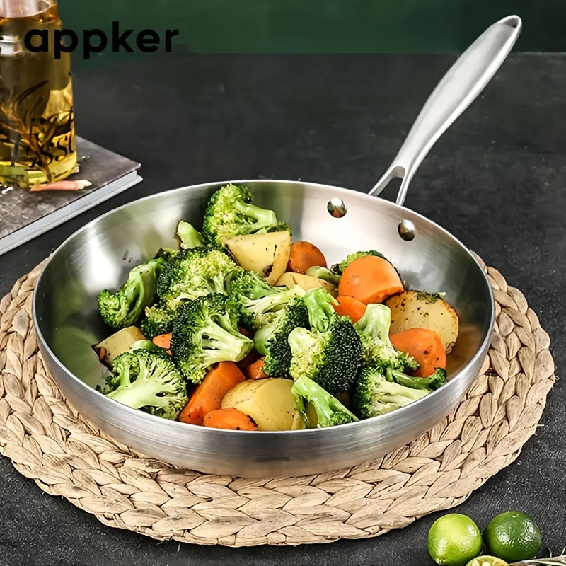 Appker presents a set of 2 non-stick frying pans with a silicone spatula included. Made of durable stainless steel, these pans are ideal for cooking steak and wok dishes. They are compatible with induction stoves, making them versatile for any kitchen.