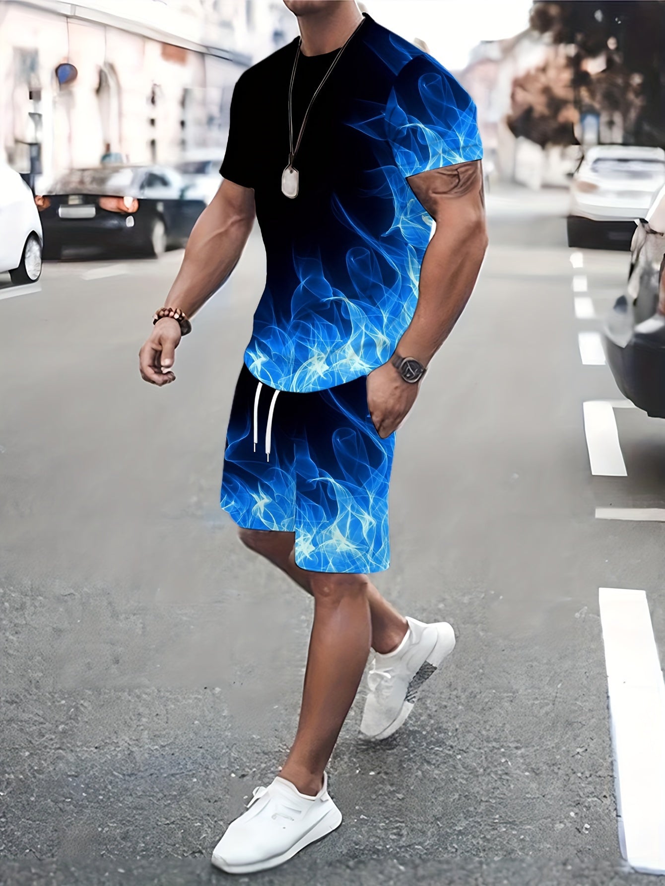 Summer outfit: Flames print t-shirt and shorts set for plus size men