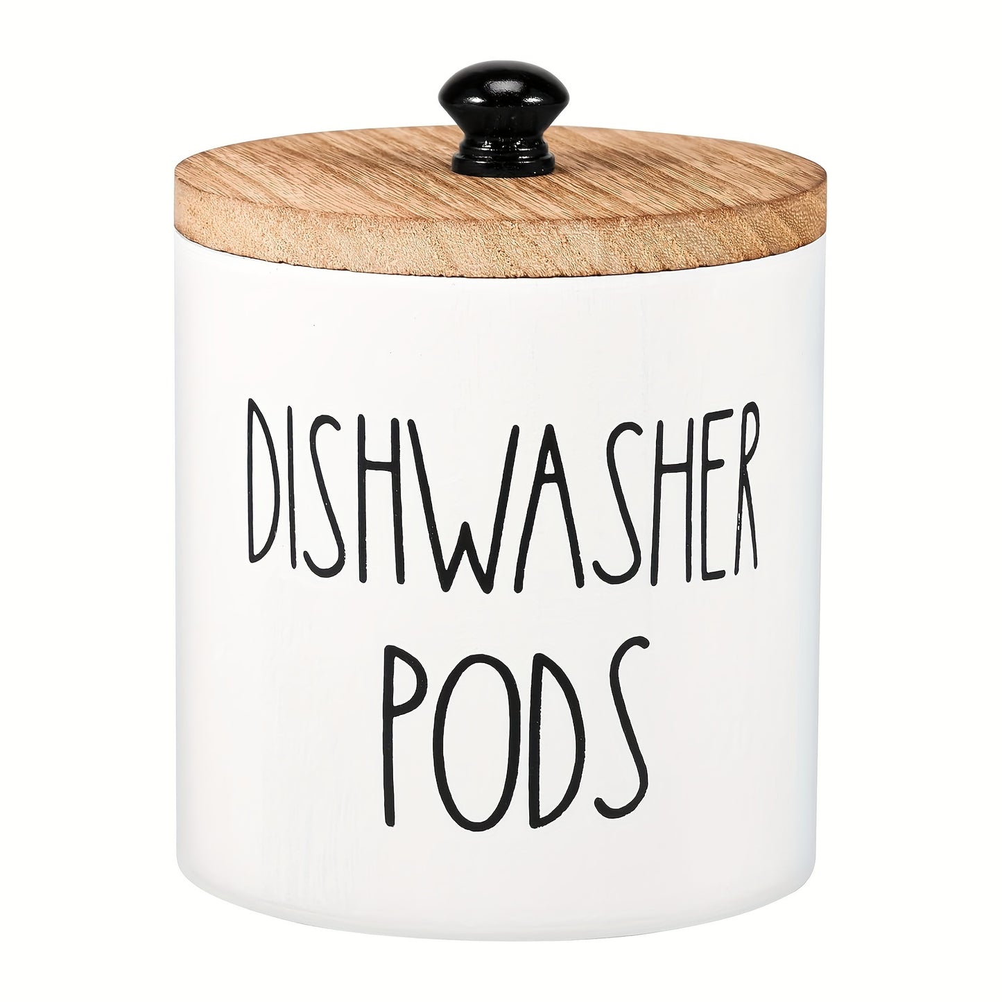 Wooden laundry pods container with lid for kitchen decor and organizing.