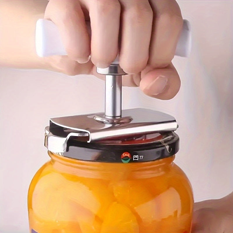 Stainless steel jar opener with adjustable grip for easy lid opening - essential kitchen tool.