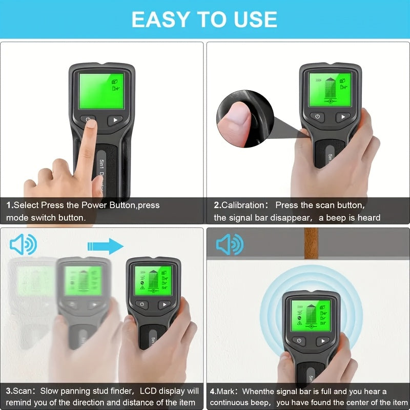 5-in-1 stud finder scans for wood, metal, and AC wires with backlit display, battery-operated (batteries not included).