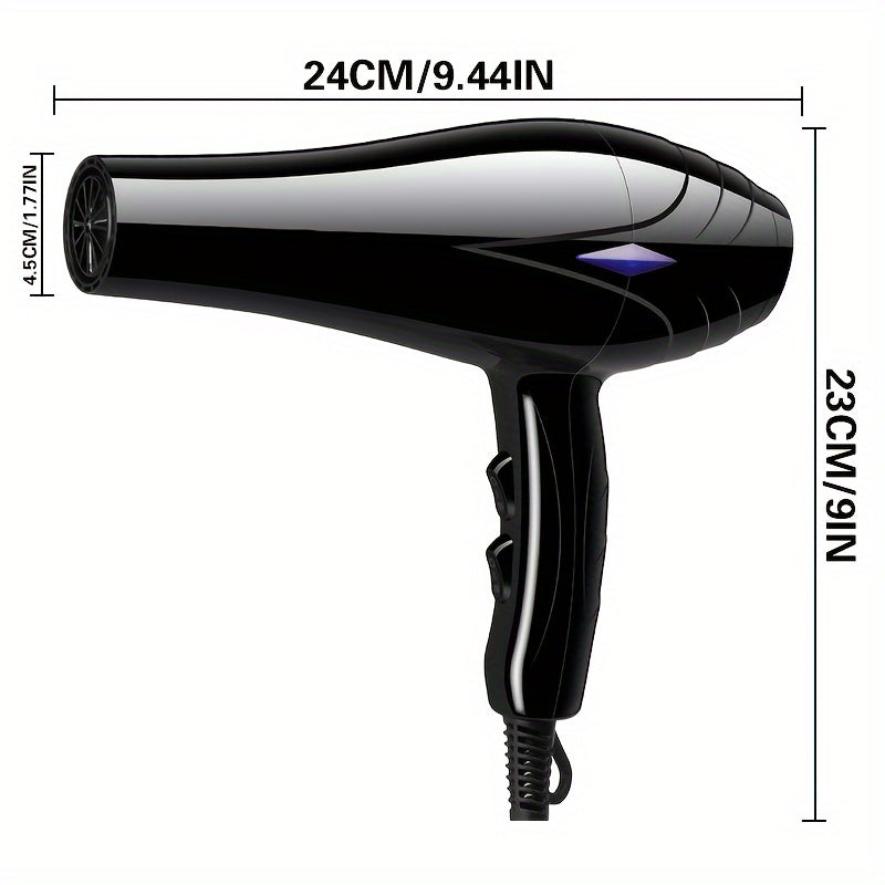 1200W hair dryer with concentrator nozzle in black & pink with non-folding handle, brush motor, 1.5-3m cable, and EU plug. Includes various styling attachments.