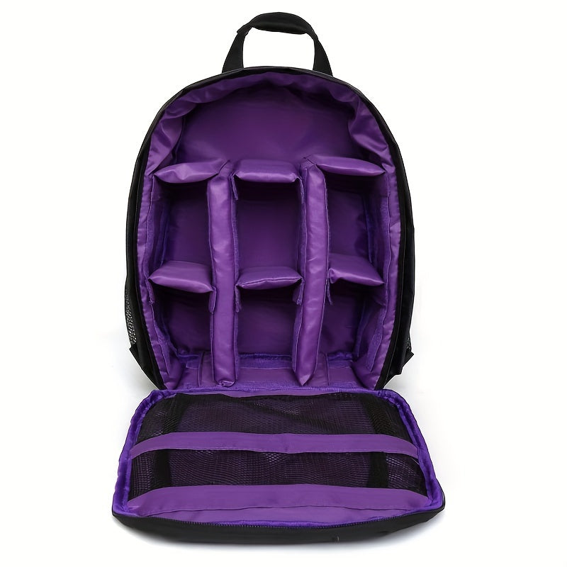 Waterproof camera backpack with customizable dividers and padded shoulder straps for Canon, Nikon, Sony cameras. Made from polyamide material.