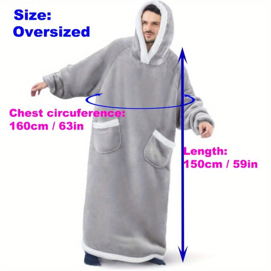 Vintage Blue with White Fur Trim Extra-Long Ultra-Soft Wearable Blanket Hoodie - Cozy Sweatshirt Robe with Pockets for Men & Women - Hypoallergenic and Machine Washable