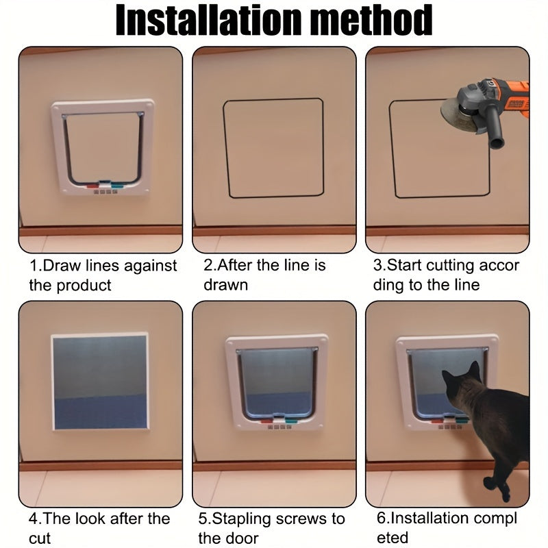 Four-way security lock cat flap and dog flap door made of ABS plastic for small pets. Perfect for cats, dogs, and kittens.