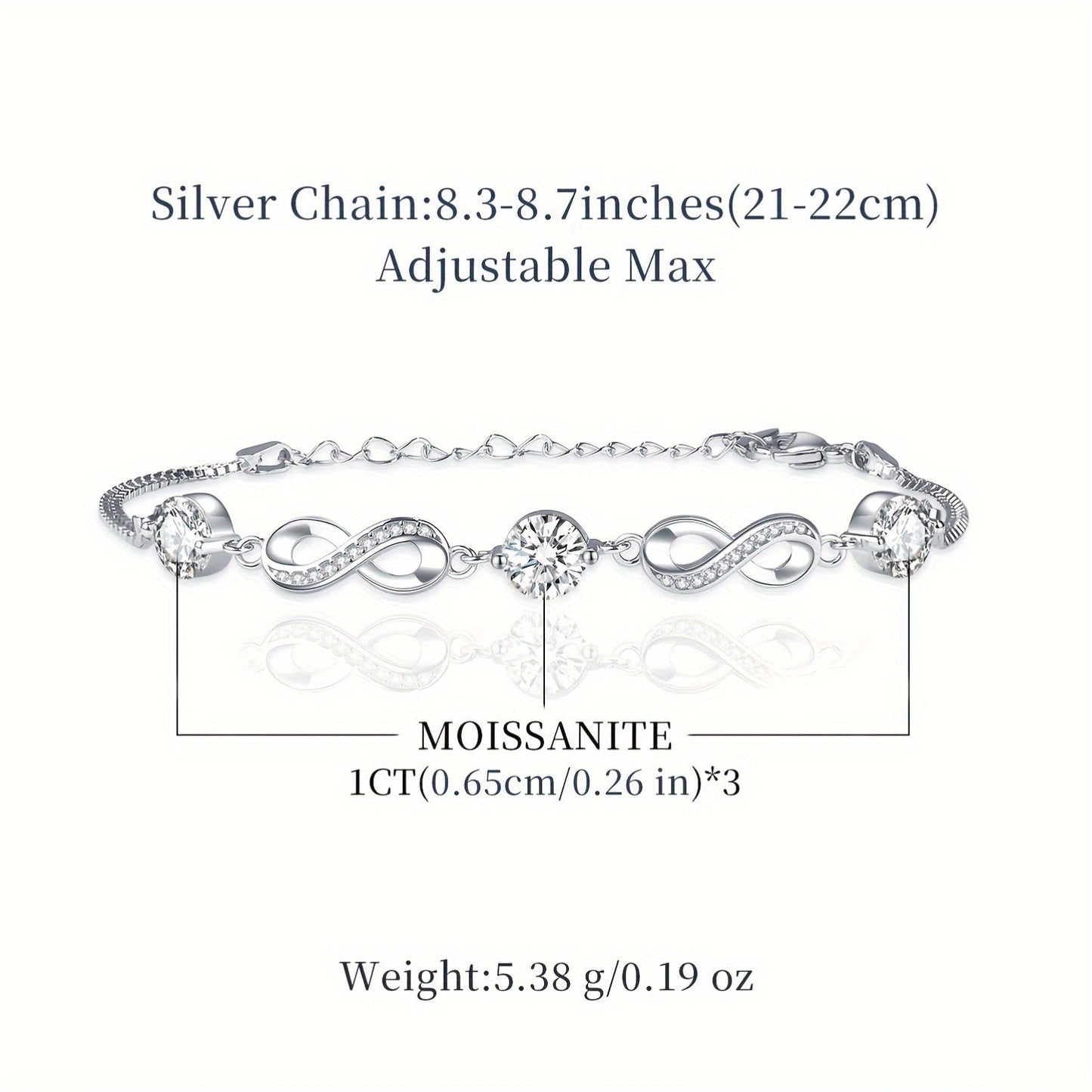 Stylish Bohemian 925 Sterling Silver Moissanite Infinity Link Bracelet for Women, Featuring Hypoallergenic 3ct Total Weight. Perfect for Engagement, Wedding, Bridal Jewelry. A Fashionable Accessory for All Seasons, Great for Daily Wear or Special