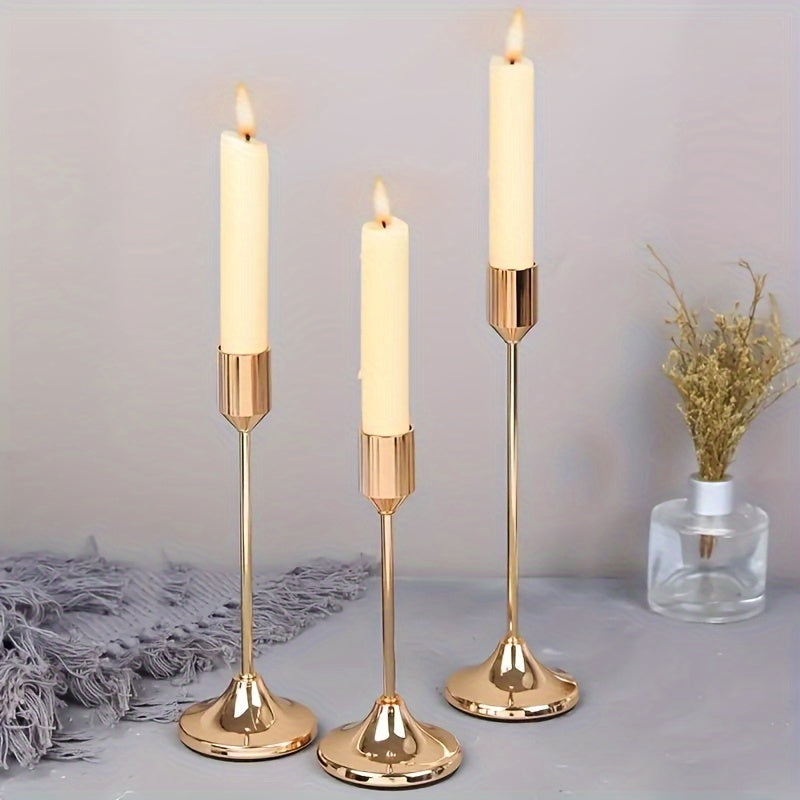 Set of 3 elegant metal candle holders in golden and rose golden finish, perfect for various festive occasions. Durable, easy to assemble, ideal for home and hotel decor. (Candles not included).