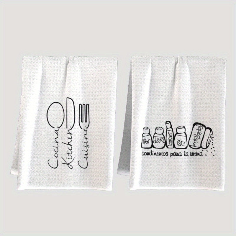 This duo of dish towels, measuring 18 by 66.04 cm, showcases witty kitchen quotes and fun illustrations. Ideal for a variety of uses such as cleaning, gym workout, or adding a stylish touch as decorative kitchen accessories. These absorbent hand towels