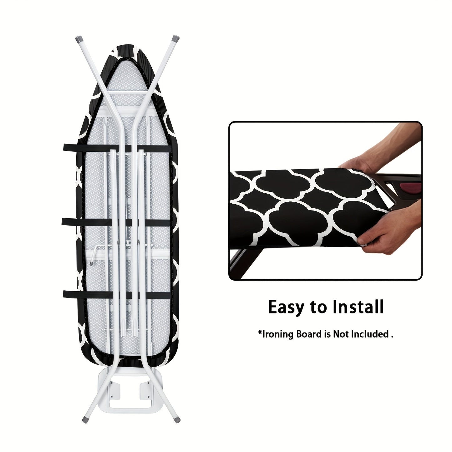 Durable Black & White Moroccan Plaid Ironing Board Cover made with Stretchy Fabric, Elastic Edges, Secure Fastening Strap, and Dust-Proof Protection