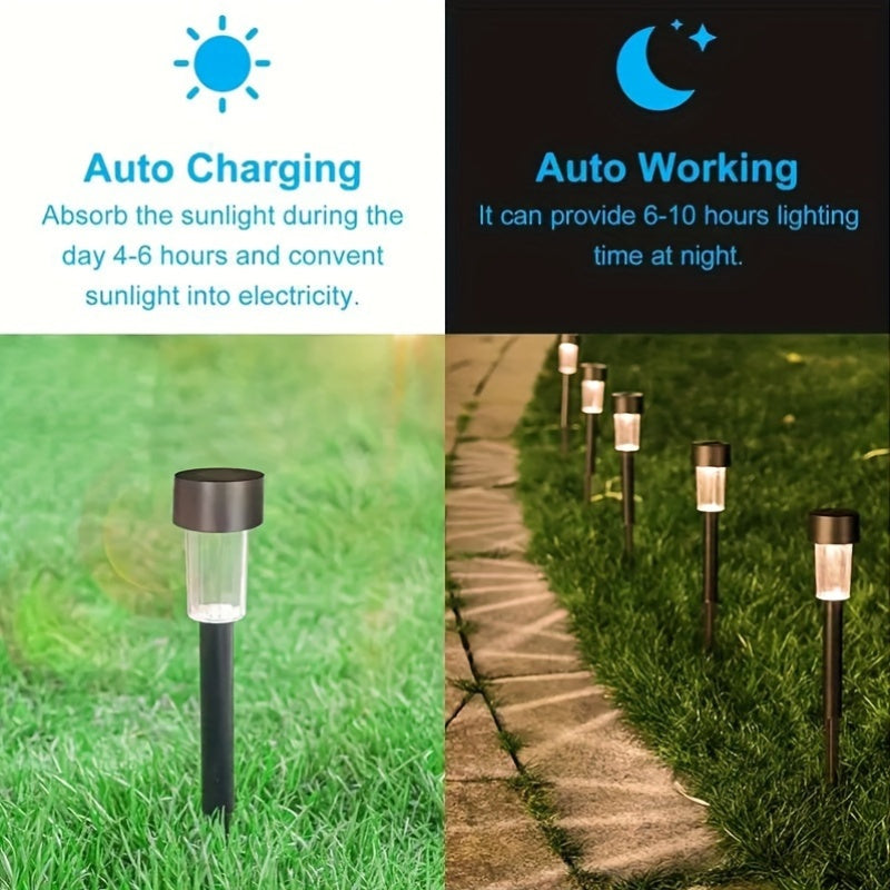 10-pack of solar landscape lights for outdoor lighting, perfect for paths, patios, lawns, and driveways. Features plastic construction, semi-embedded installation, switch control, removable