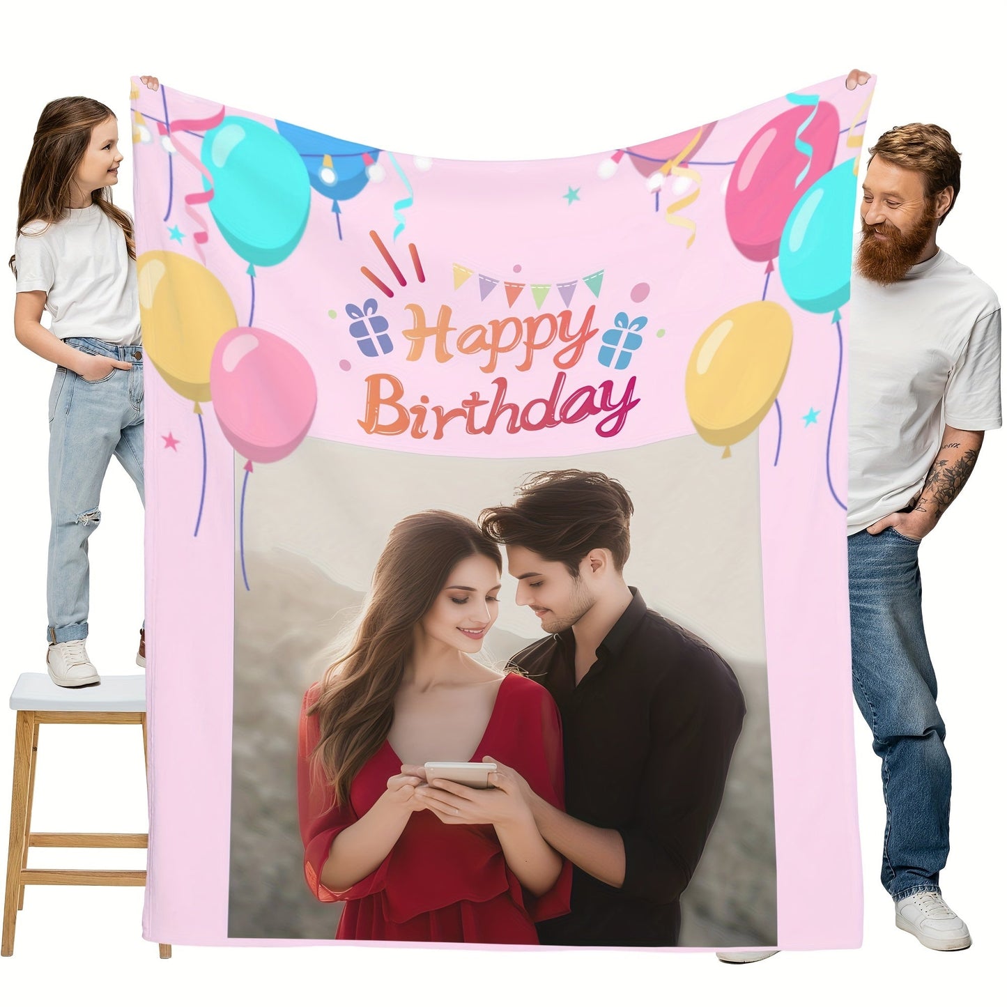 Customized Photo Blanket featuring Cute Balloons and 'Happy Birthday' Message - Ideal Present for Your Beloved Ones