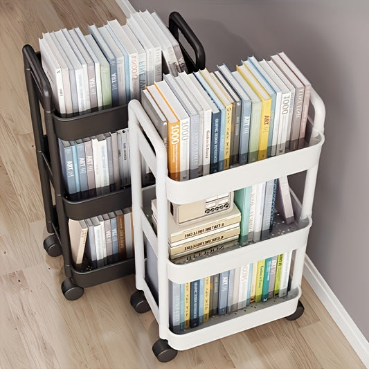 Multi-layer white plastic storage cart for kitchen, bathroom, and bedroom essentials. Can also be used as a snack or bedside storage rack.