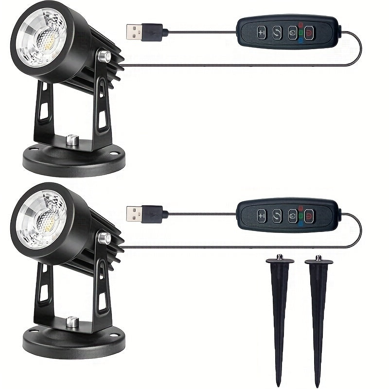 Two-pack of 5W LED indoor uplights with adjustable color temperature, dimmable feature, and timer for plants and artwork.