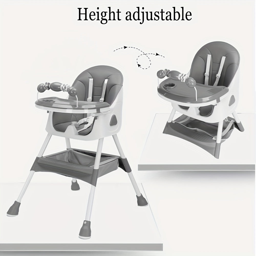 The Modern Portable Children's High Chair is a versatile and adjustable eating and playing chair with a table attachment for toddlers. It is designed to provide a high seat for infants and babies during mealtime, complete with a food plate. It makes a