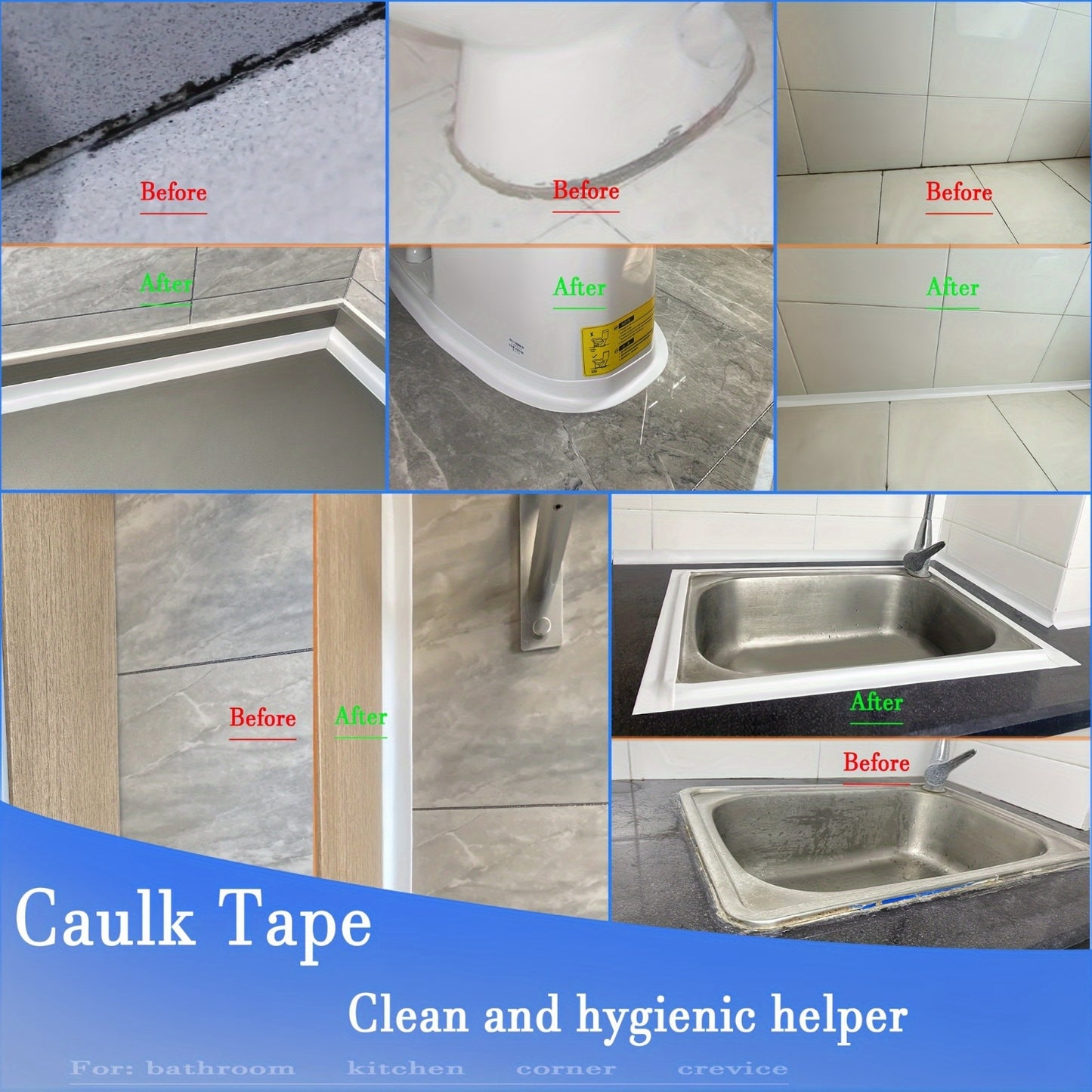 Self-adhesive waterproof caulk tape for bathroom and toilet seals, easy to apply with no power needed.