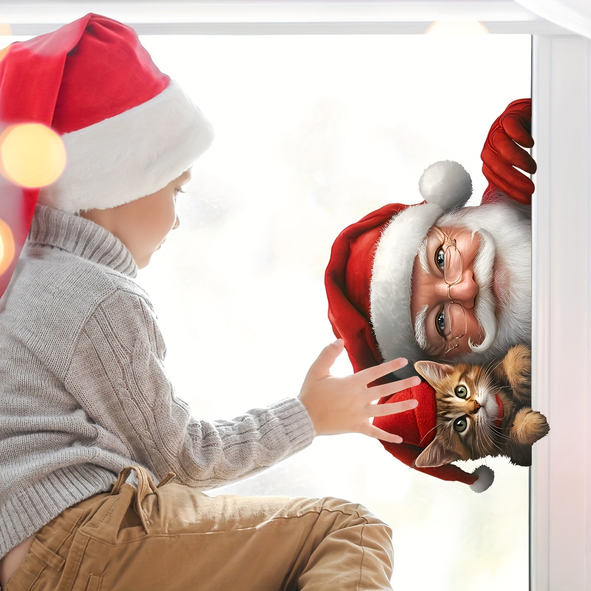 Santa Claus and Cat Christmas glass sticker with double-sided static cling, perfect for plastic surfaces. This self-adhesive window decal is made of 20-silk PVC and is perfect for festive holiday decor. Item D13508-KN is for single use only.