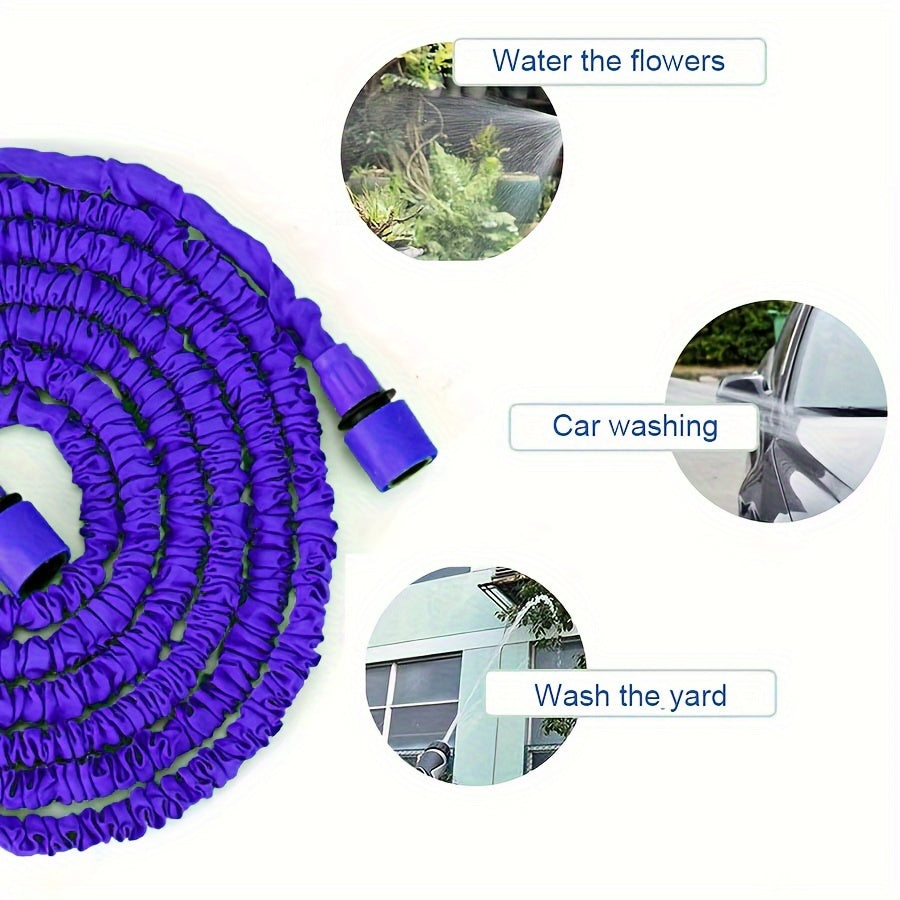 Expandable garden hose set with 7 spray modes and durable materials, suitable for all seasons, includes water gun, pipe, and connectors for outdoor lawn care.