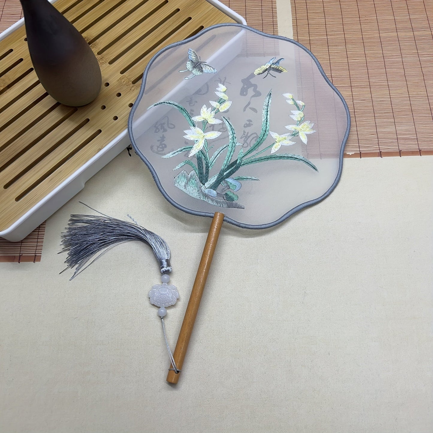 Portable Chinese-Style Embroidered Flower Fan with Wooden Handle - Elegant Handheld Fan for Dance & Crafts