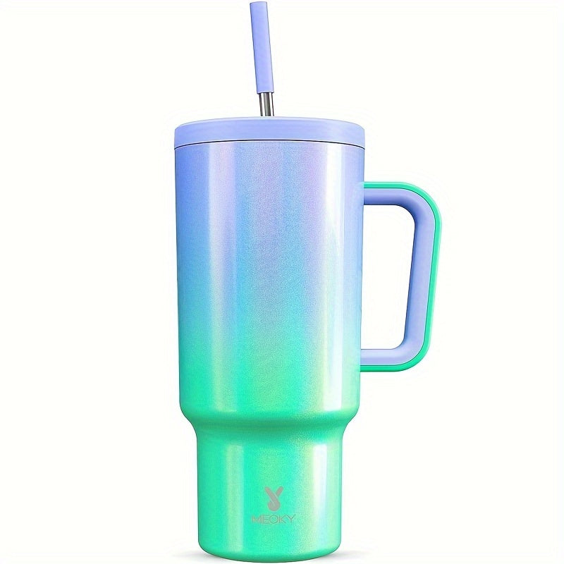 MEOKY 40oz Stainless Steel Tumbler with Lid, Straw, and Handle, Insulated, Leak Proof, BPA Free, Hand Wash Only, Perfect for Outdoor Activities.