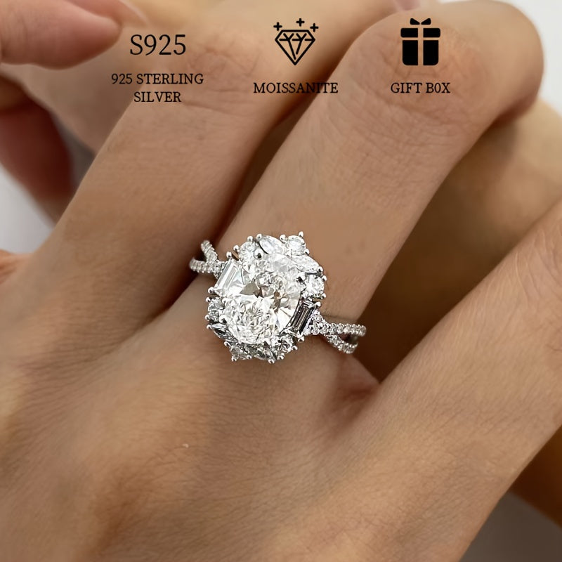 925 Sterling Silver Goose Egg Moissanite Ring, Hypoallergenic, 2CT, for Women, Boho Jewelry, Wedding Anniversary Ring, Includes Moissanite Certificate and Gift Box