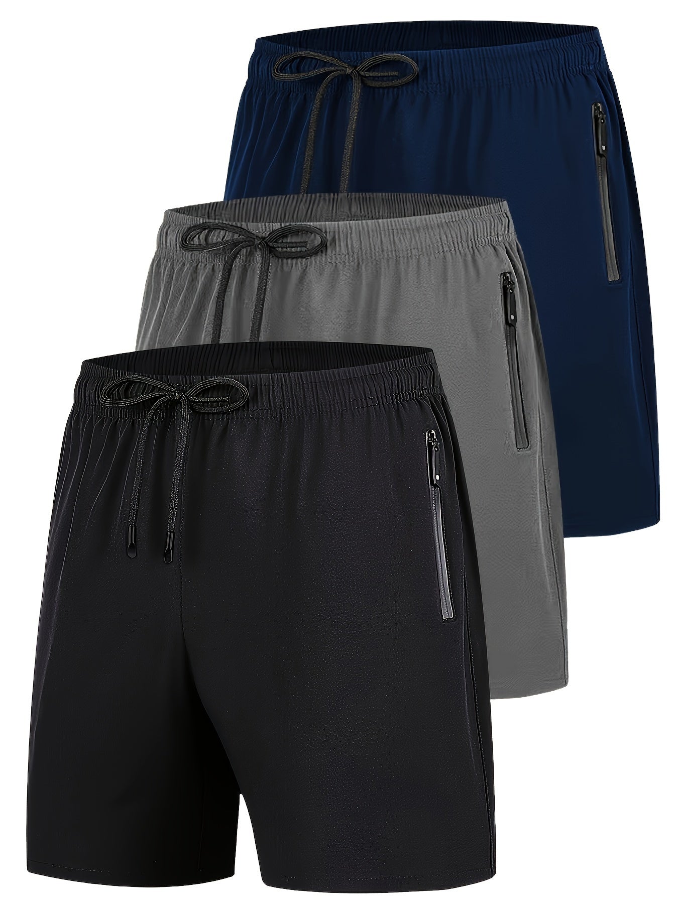 Men's plus size three-piece set of casual sports shorts with quick dry, breathable stretch fabric, zippered pockets, suitable for running, fitness, cycling, hiking, swimming, outdoor