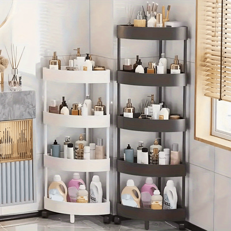 5-Tier corner bathroom shelf in plastic with ash finish and no golden pipes, a space-saving essential for your bathroom.