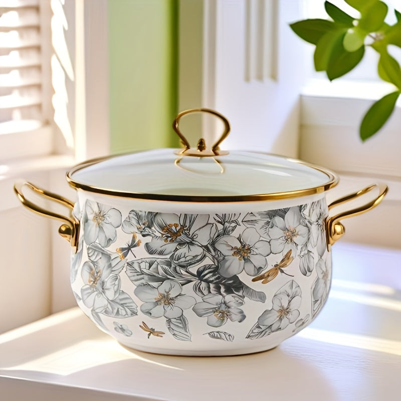 Enamel Soup Pot with Golden Trim - Featuring Dragonfly & Floral Design, Ideal for Home Cooking and Intimate Dinners