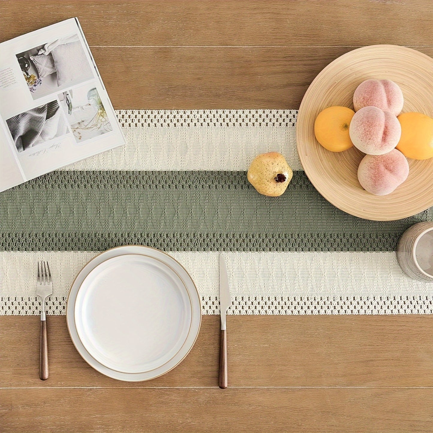 Bohemian sage green striped table runner, perfect for home décor and holiday celebrations.