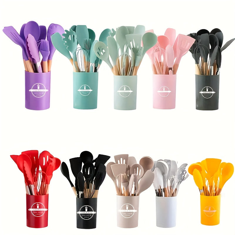 Silicone Kitchen Utensil Set of 12 with Wooden Handles - Non-Stick and Heat-Resistant Cooking Tools for Home and Restaurant Cooking