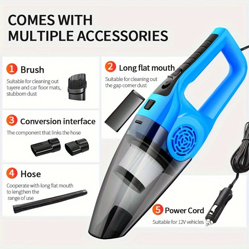 Powerful 12V car vacuum with strong suction for interior detailing, perfect for pet hair removal. Includes crevice tool kit, plugs into cigarette lighter with 3-5m cord. Great for cleaning