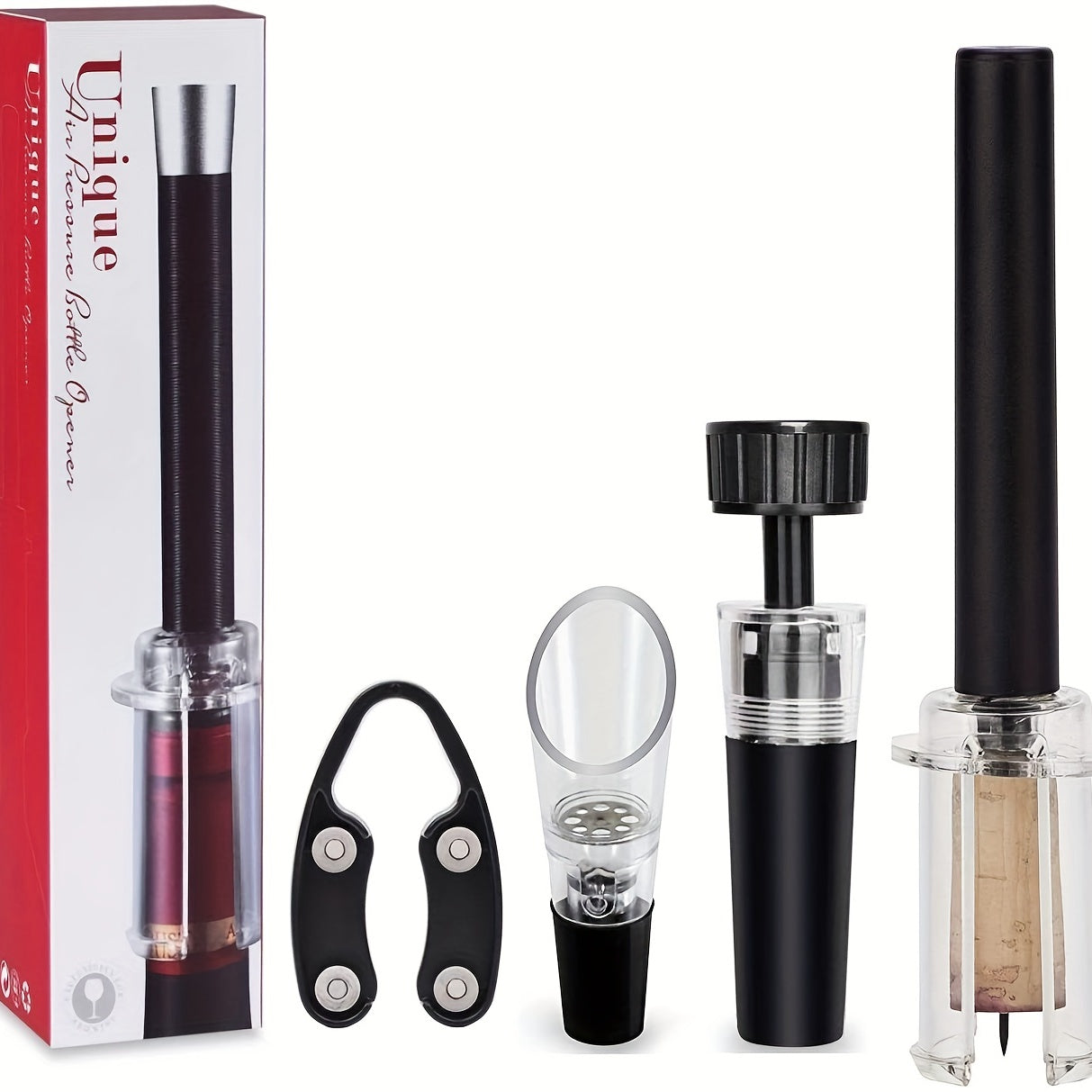 QEESTARS Wine Opener Set includes 4 pieces - Air Pressure Pump, Pourer, Foil Cutter, and Vacuum Stopper. Ideal for wine lovers.