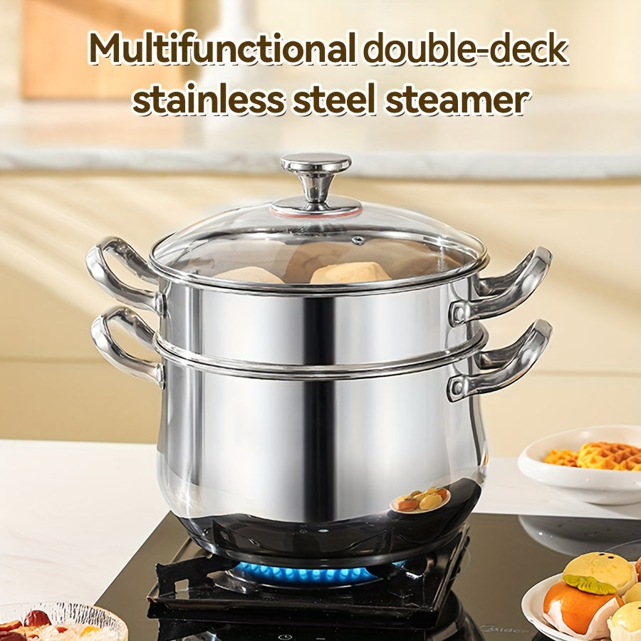 Stainless Steel Double-Layer Steamer Set with 3 Pieces - Perfect for Home, Parties, and Restaurants - Large Capacity, Dual Handles, Deep Soup Pot, and Dishwasher Safe