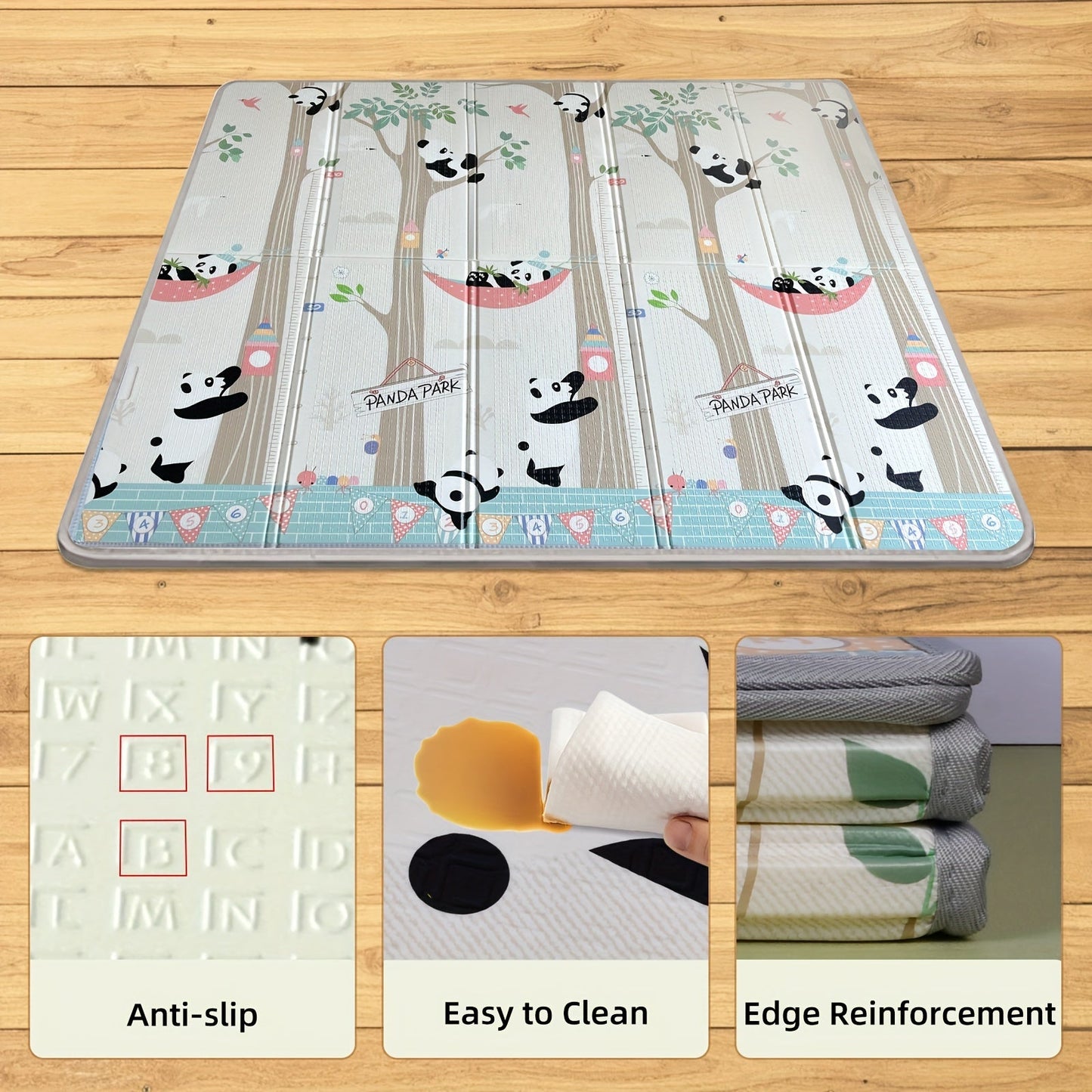 Easily cleanable young kids' play mat with cute panda design, double-sided and foldable, made of non-toxic PE material, perfect for early learning and bedroom playtime, measures 200.66cm x 180.34cm.