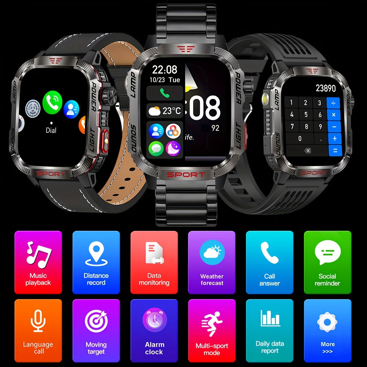 Durable outdoor smartwatch for iPhone & Android, with wireless call capabilities, LED flashlight, fitness tracking, waterproof design, and long-lasting battery.